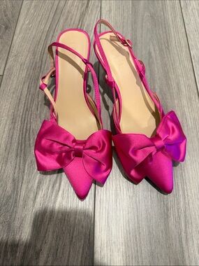 LOFT Hot Pink Satin Pointed Slingback Flats with Oversized Bow